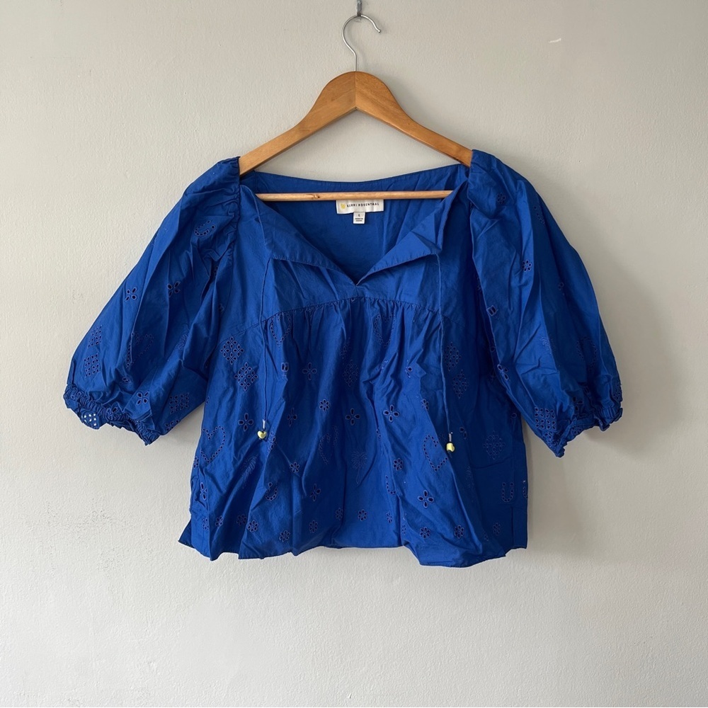 Kerri Rosenthal Blue Eyelet Puff Sleeve Cropped Blouse Size Large